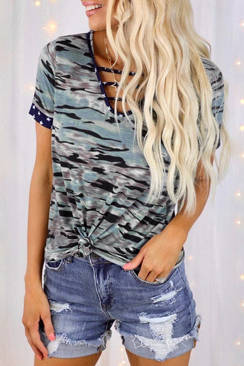 Street Camouflage Print Hollowed Out Patchwork V Neck T-shirts