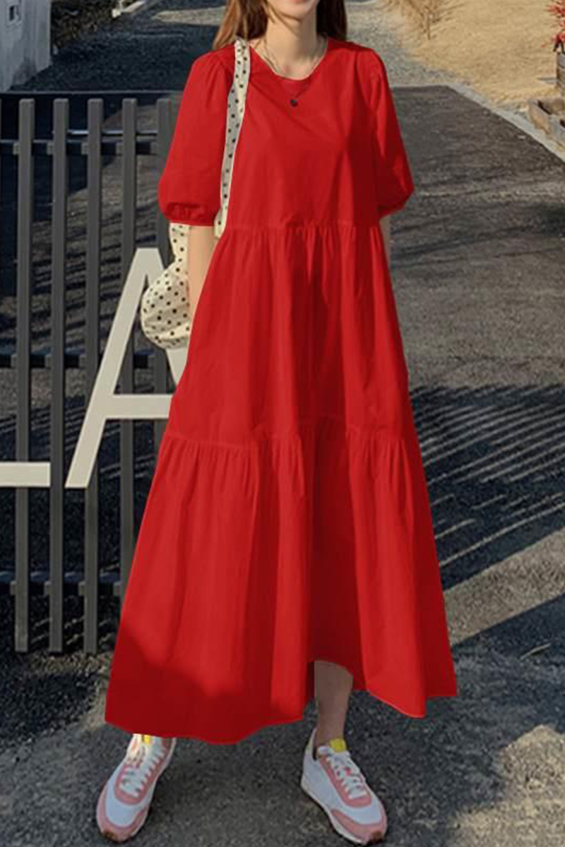 Patchwork Buttons O Neck Cake Skirt Dresses(3 Colors)