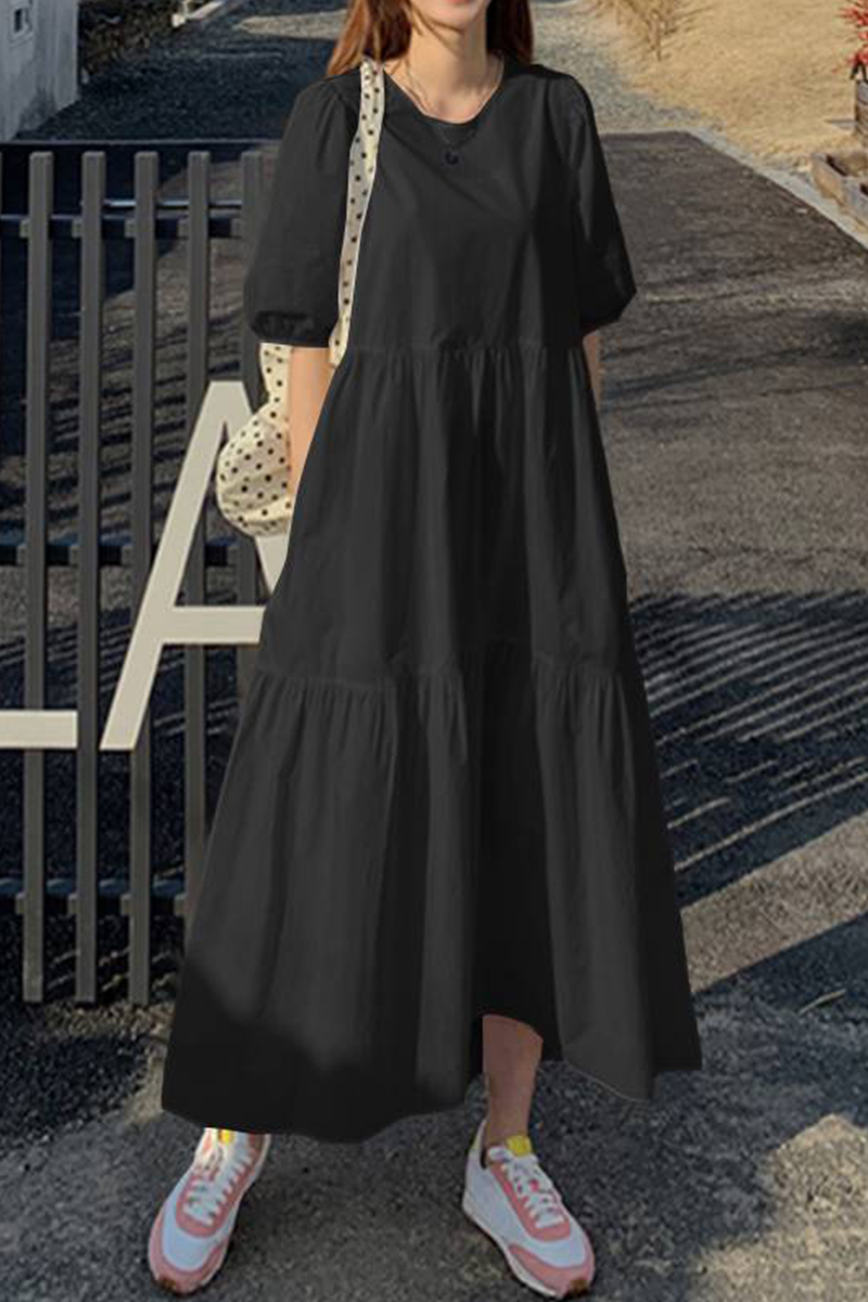 Patchwork Buttons O Neck Cake Skirt Dresses(3 Colors)