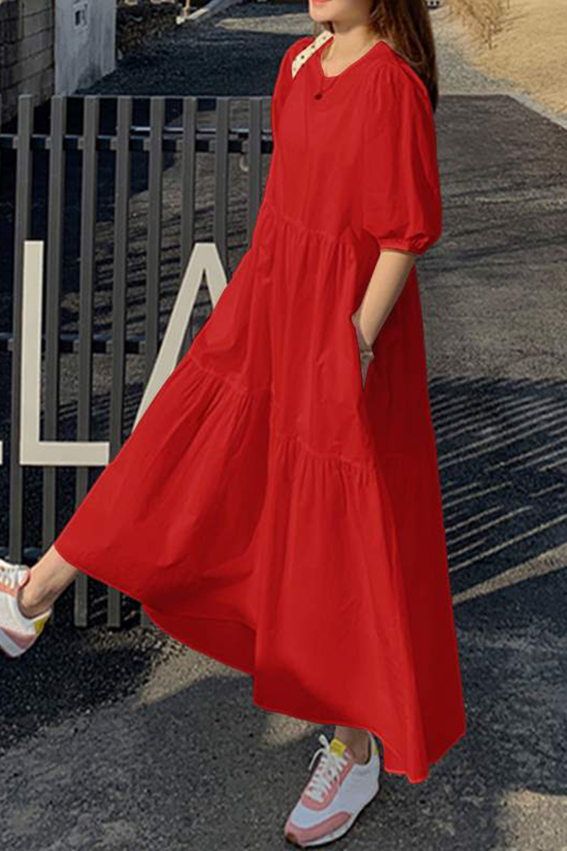 Patchwork Buttons O Neck Cake Skirt Dresses(3 Colors)