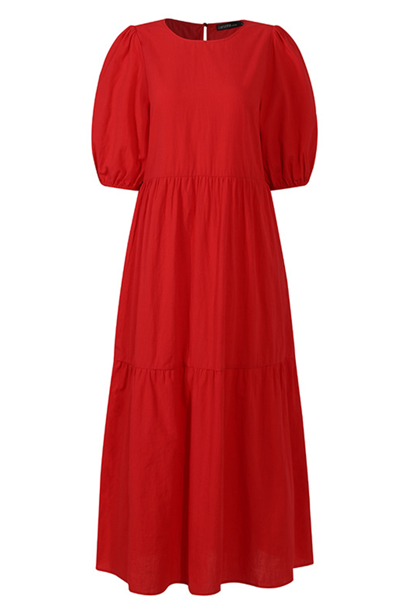 Patchwork Buttons O Neck Cake Skirt Dresses(3 Colors)