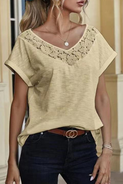 Lace Split Joint V Neck T-shirts
