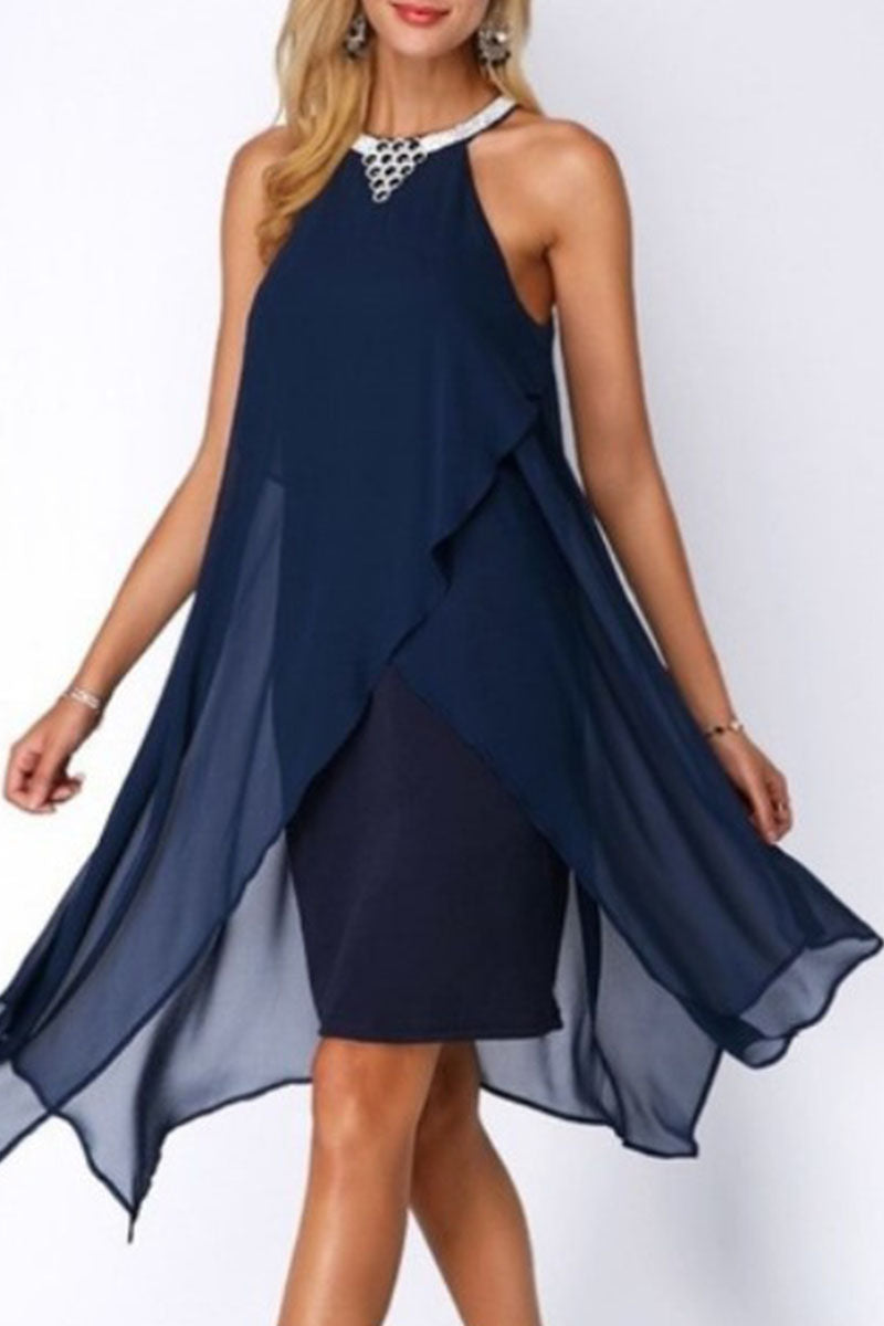 Street Patchwork O Neck Pencil Skirt Dresses