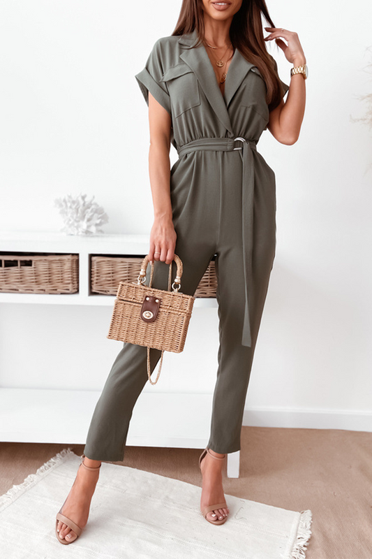 Pocket With Belt Turn-back Collar Jumpsuits