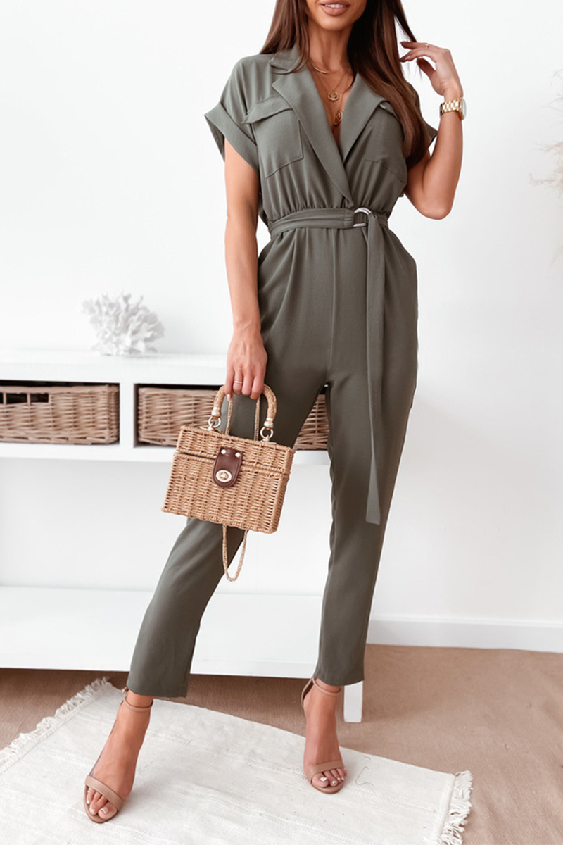 Pocket With Belt Turn-back Collar Jumpsuits