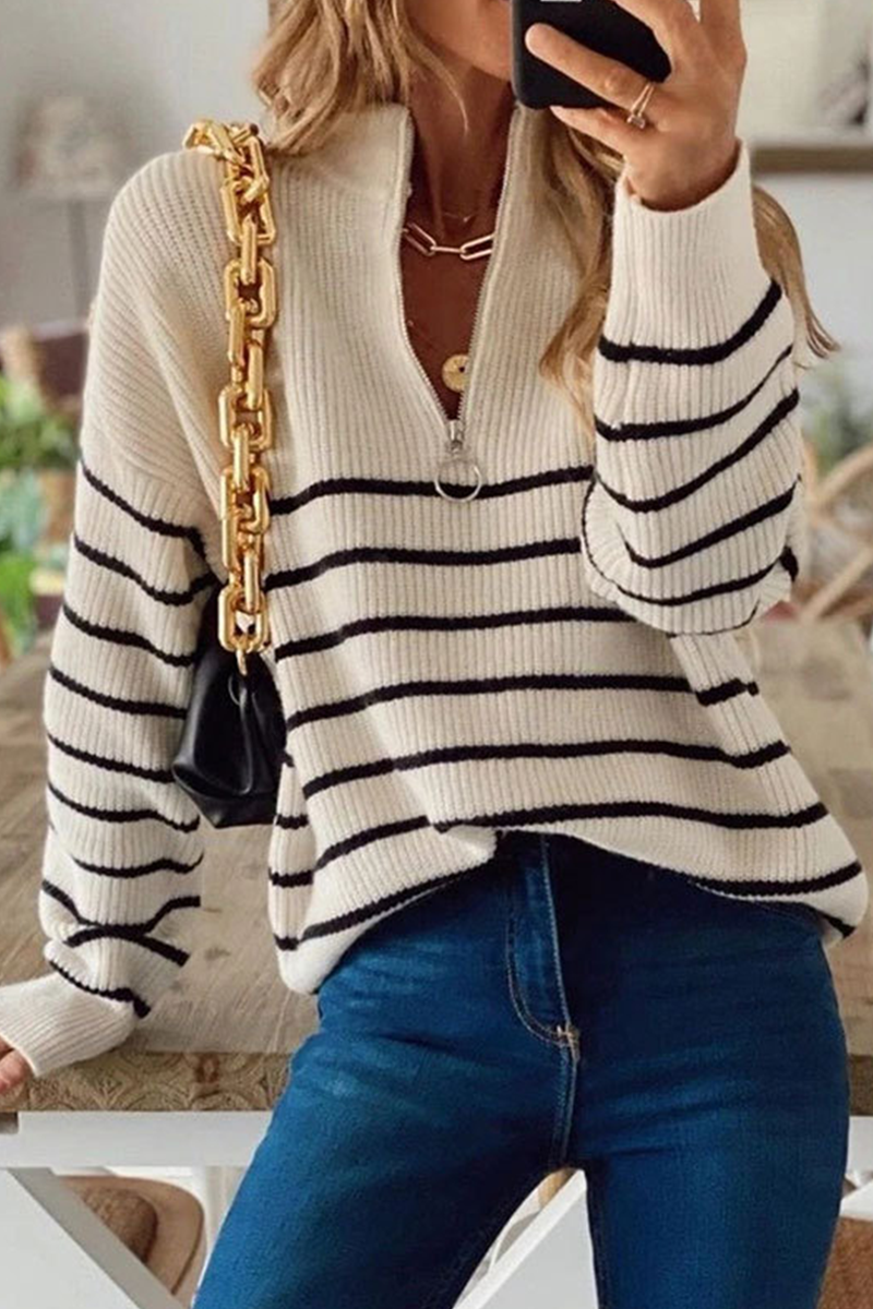 Striped Patchwork Zipper Collar Tops Sweater(3 Colors)