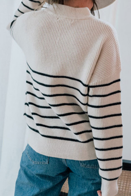 Striped Patchwork Zipper Collar Tops Sweater(3 Colors)
