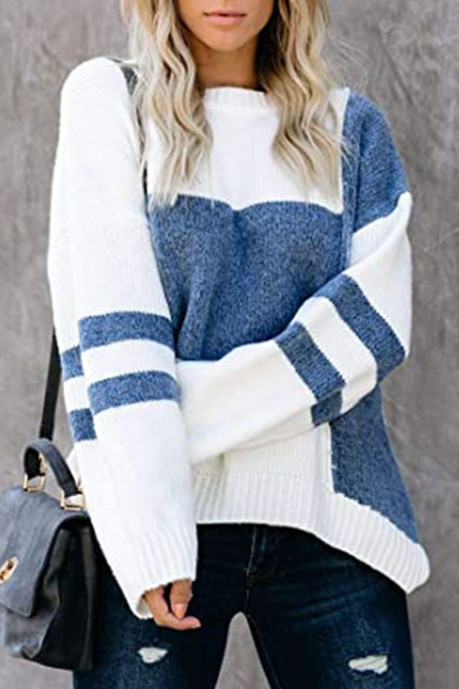 Patchwork Contrast O Neck Tops Sweater