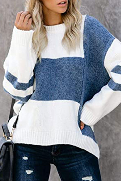 Patchwork Contrast O Neck Tops Sweater