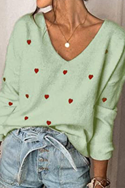 Print Basic V Neck Tops Sweater(4 Colors)