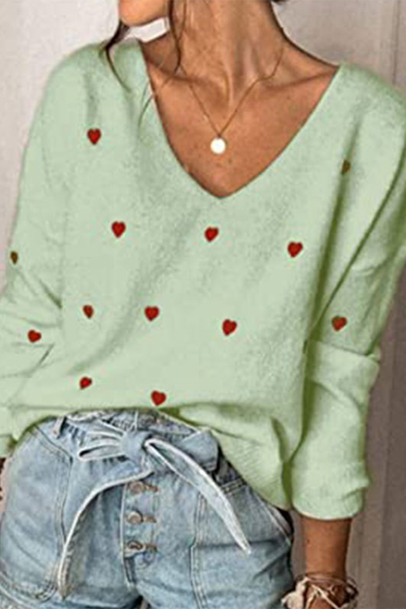 Print Basic V Neck Tops Sweater(4 Colors)