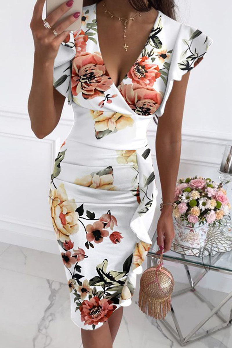 Street Print V Neck Pencil Skirt Dresses(10 Colors)