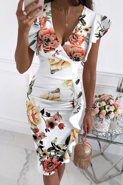 Street Print V Neck Pencil Skirt Dresses(10 Colors)
