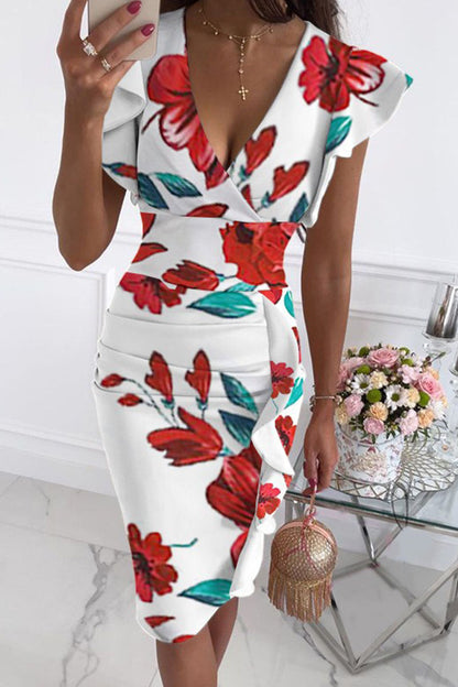 Street Print Patchwork V Neck Pencil Skirt Dresses(10 Colors)