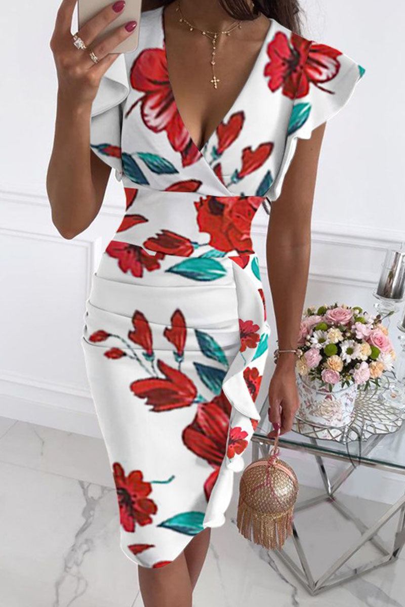 Street Print Patchwork V Neck Pencil Skirt Dresses(10 Colors)