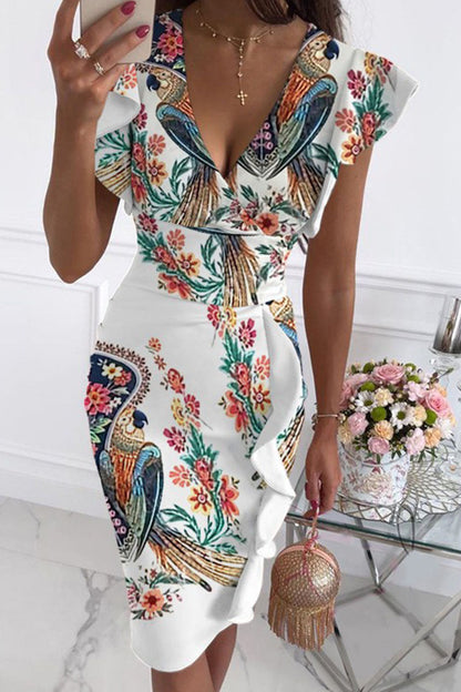 Street Print Patchwork V Neck Pencil Skirt Dresses(10 Colors)