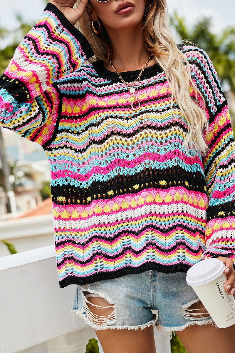 Street Striped Patchwork O Neck Sweaters(3 Colors)