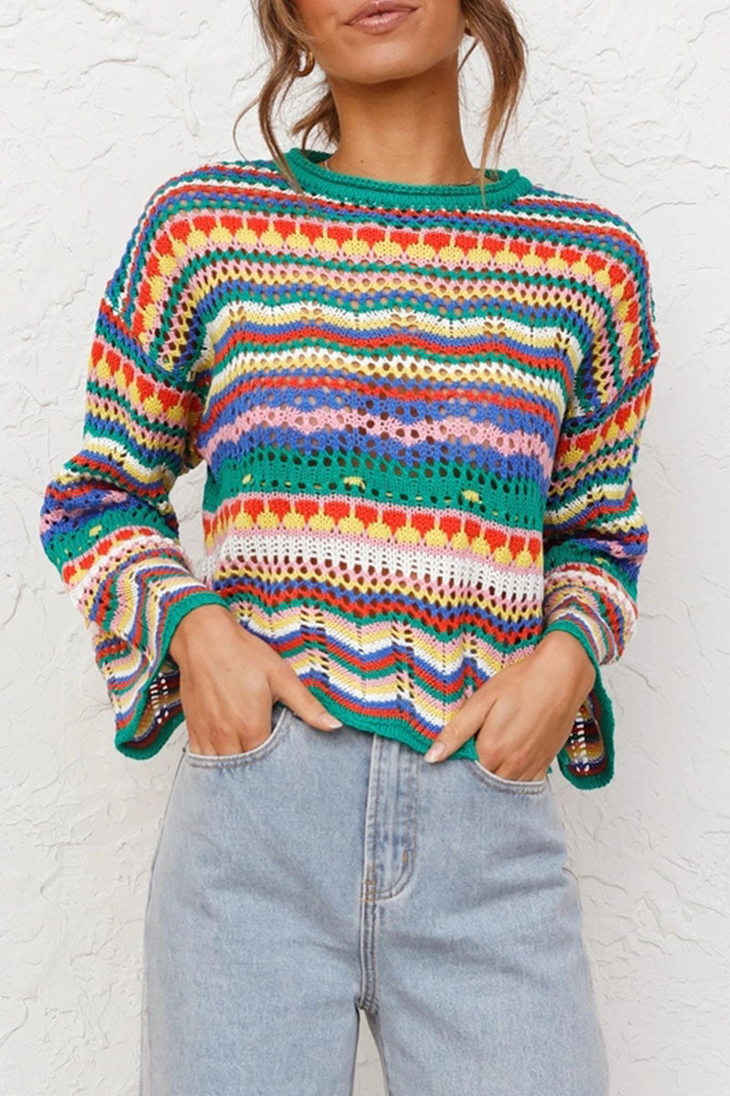 Street Striped Patchwork O Neck Sweaters(3 Colors)