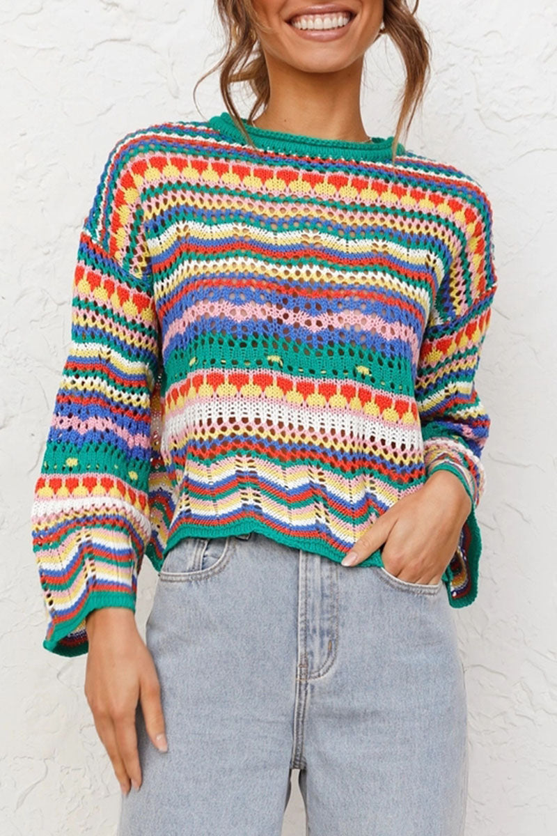 Street Striped Patchwork O Neck Sweaters(3 Colors)