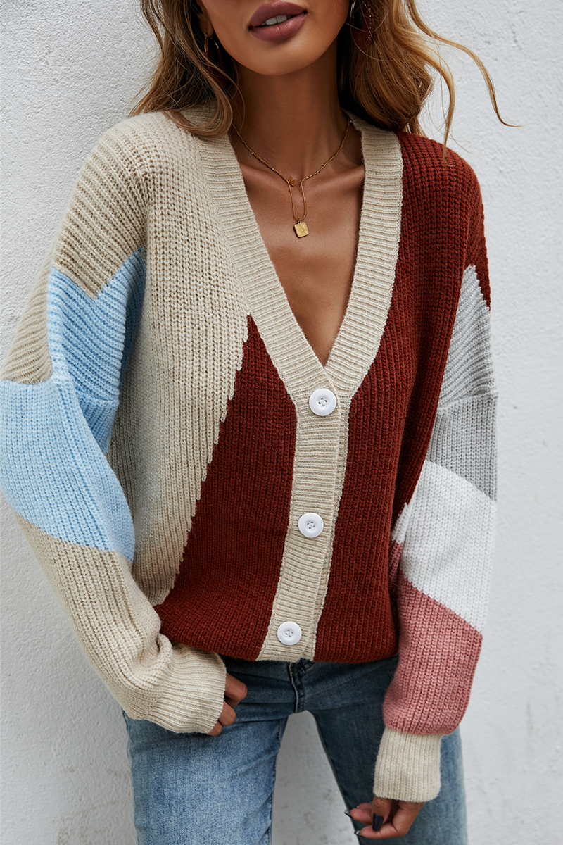 Street Color Lump Split Joint Buckle V Neck Tops Sweater