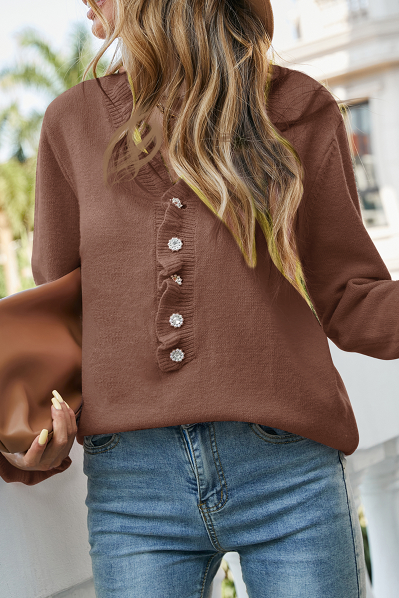 Patchwork Buckle V Neck Tops Sweater(8 Colors)