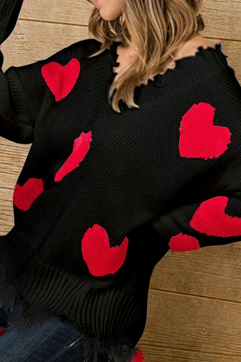 Print Tassel Contrast V Neck Tops Sweater