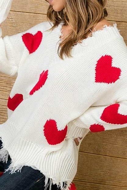 Print Tassel Contrast V Neck Tops Sweater