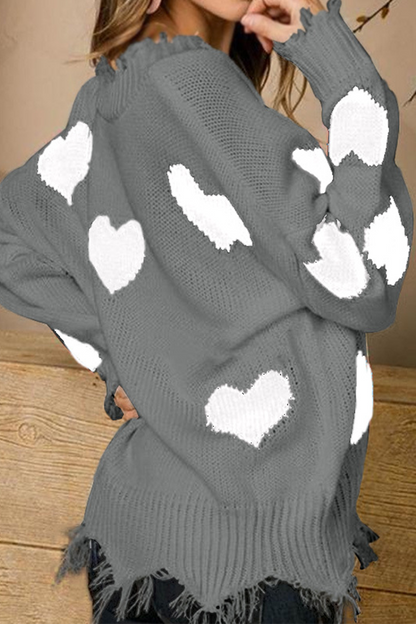 Print Tassel Contrast V Neck Tops Sweater