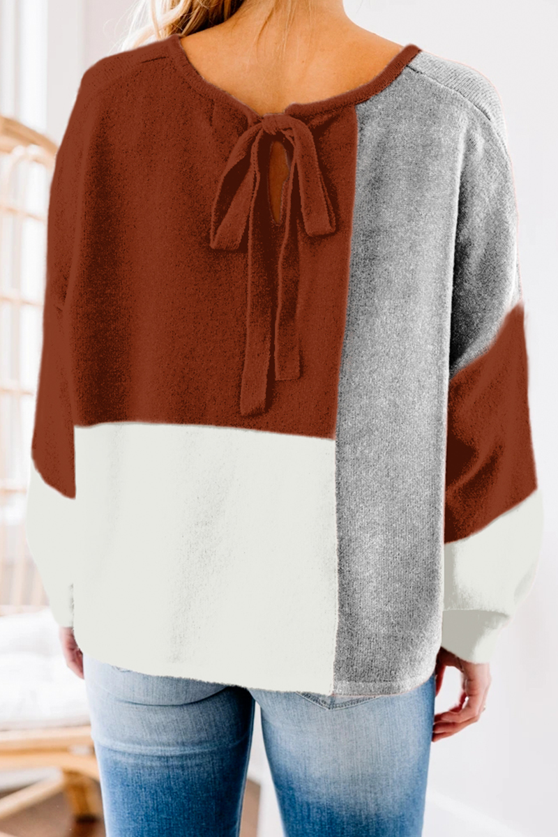 Patchwork Contrast O Neck Tops Sweater