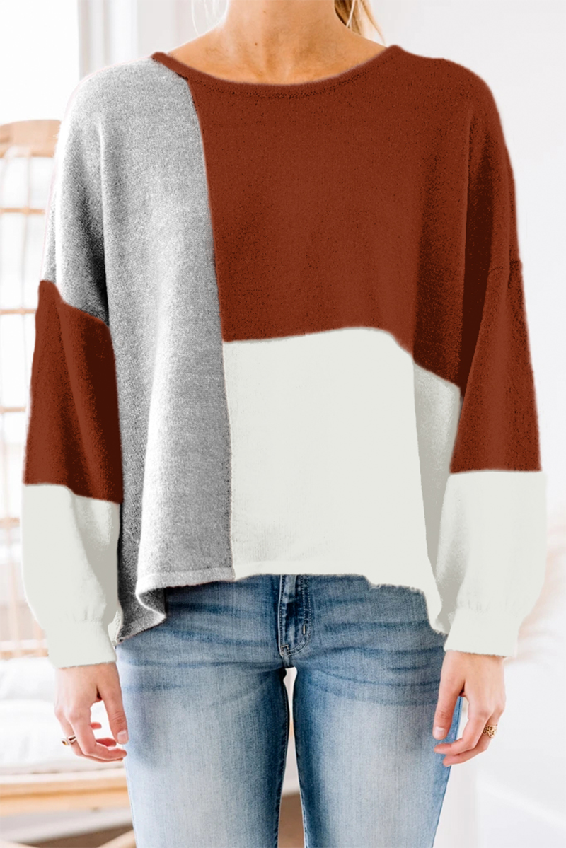 Patchwork Contrast O Neck Tops Sweater