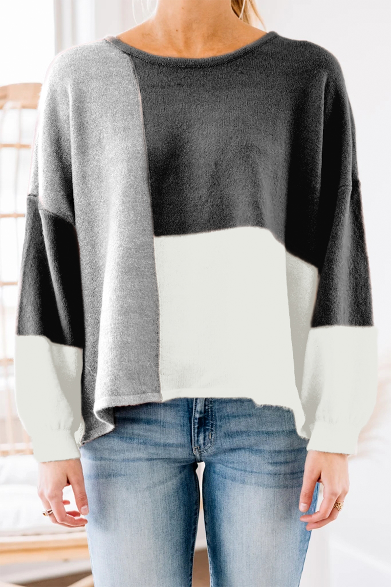 Patchwork Contrast O Neck Tops Sweater