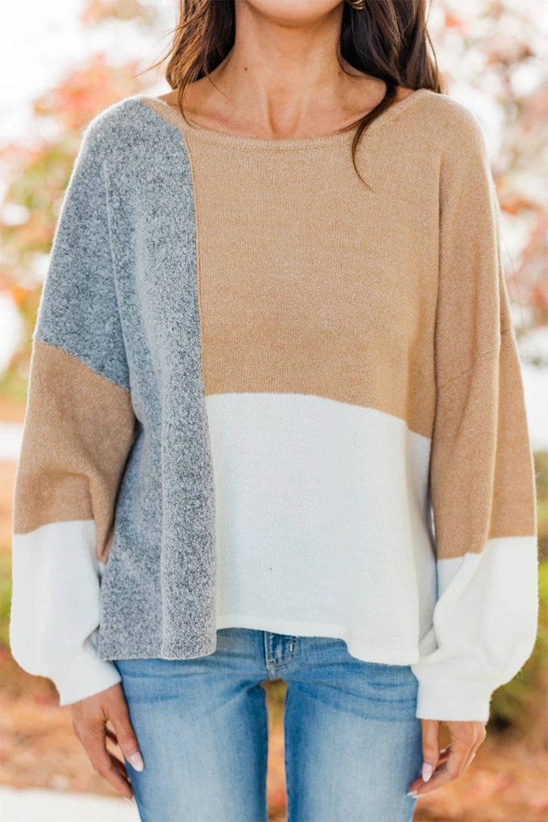 Patchwork Contrast O Neck Tops Sweater