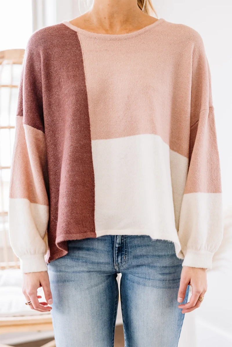 Patchwork Contrast O Neck Tops Sweater