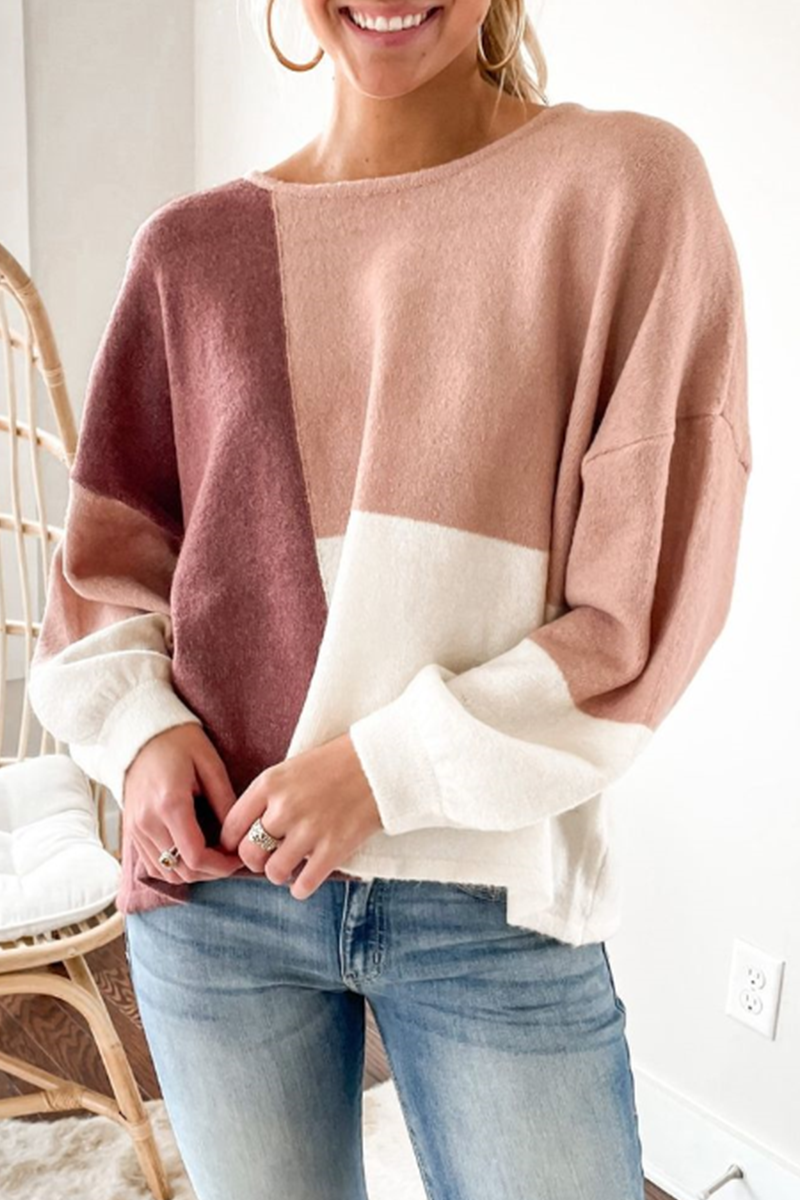 Patchwork Contrast O Neck Tops Sweater