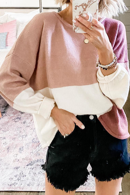 Patchwork Contrast O Neck Tops Sweater