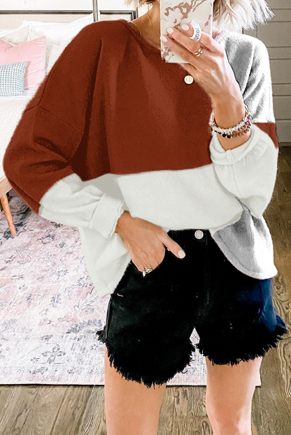 Patchwork Contrast O Neck Tops Sweater