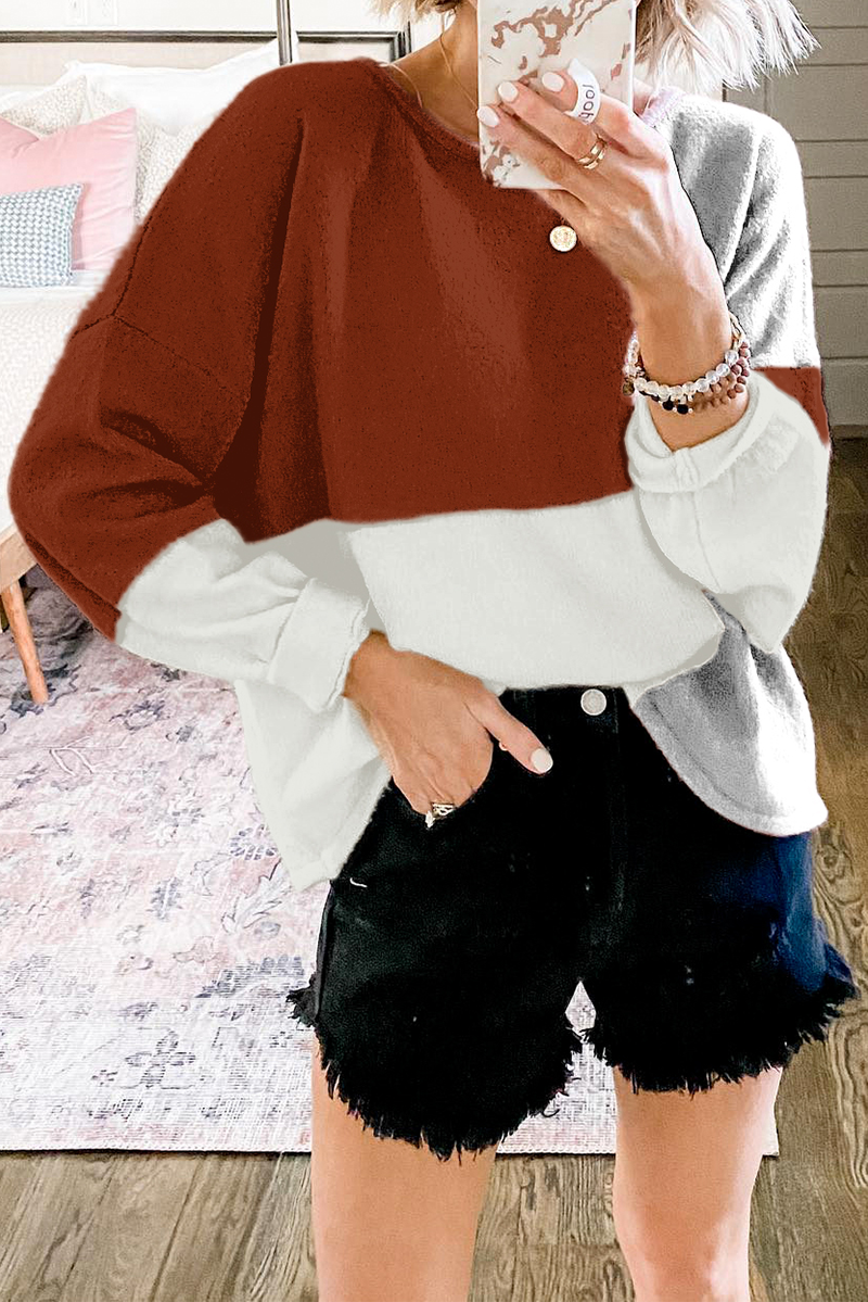 Patchwork Contrast O Neck Tops Sweater