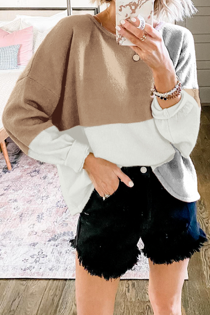 Patchwork Contrast O Neck Tops Sweater