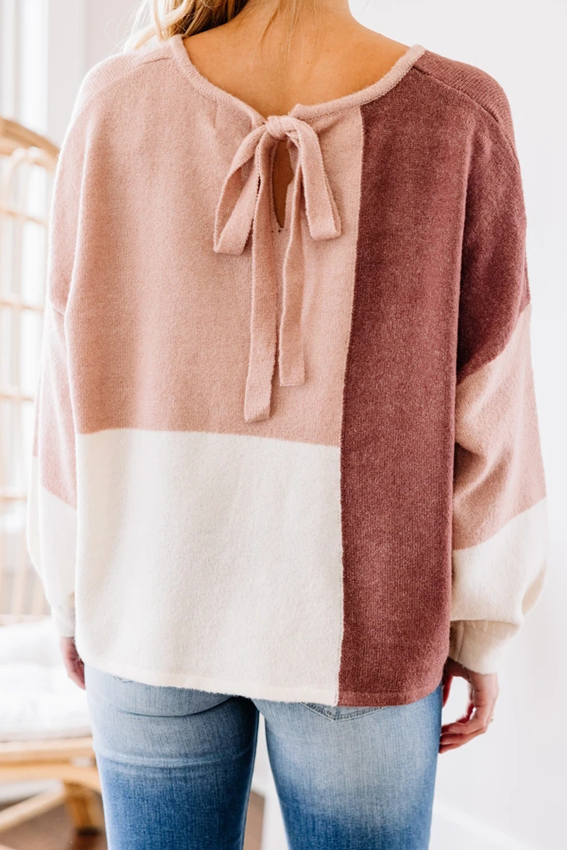 Patchwork Contrast O Neck Tops Sweater