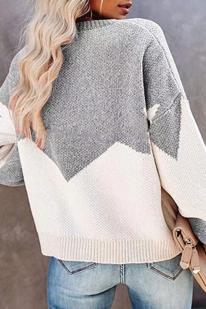 Geometric Contrast O Neck Tops Sweater
