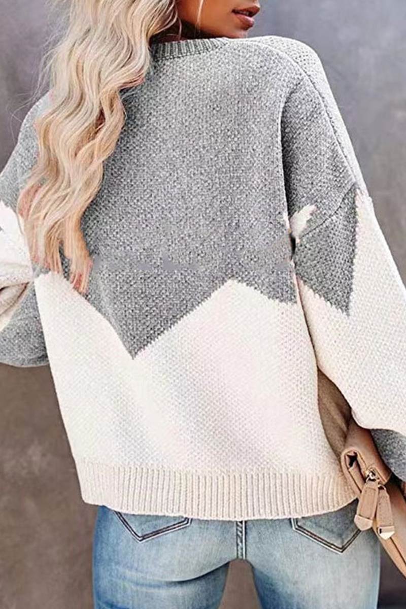Geometric Contrast O Neck Tops Sweater