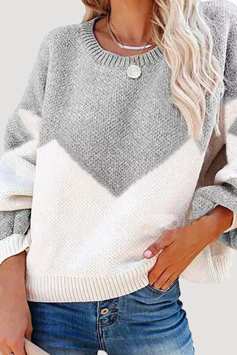 Geometric Contrast O Neck Tops Sweater