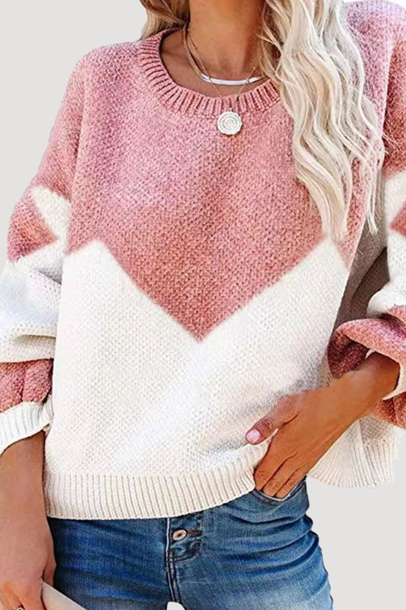 Geometric Contrast O Neck Tops Sweater