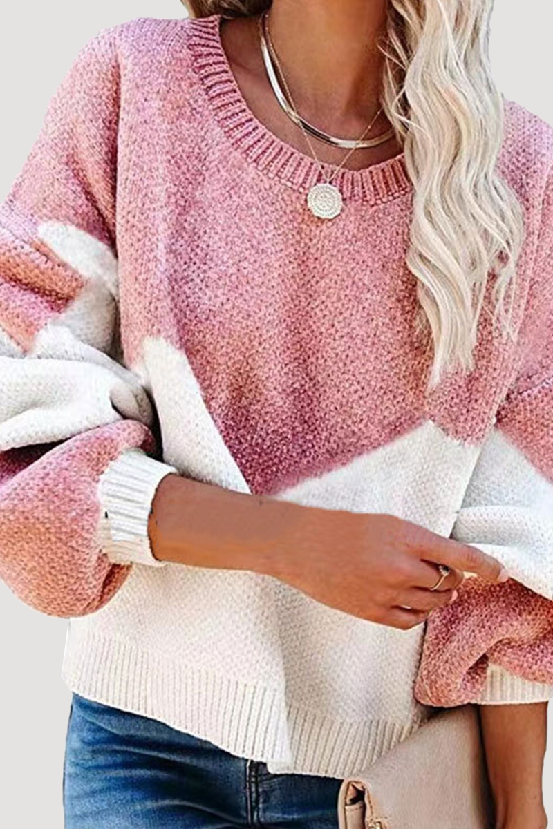 Geometric Contrast O Neck Tops Sweater