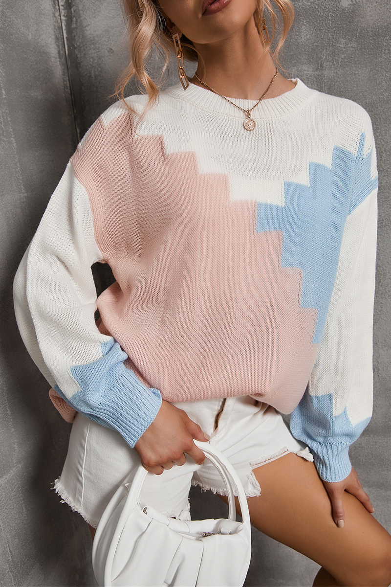 Color Lump Contrast O Neck Tops Sweater