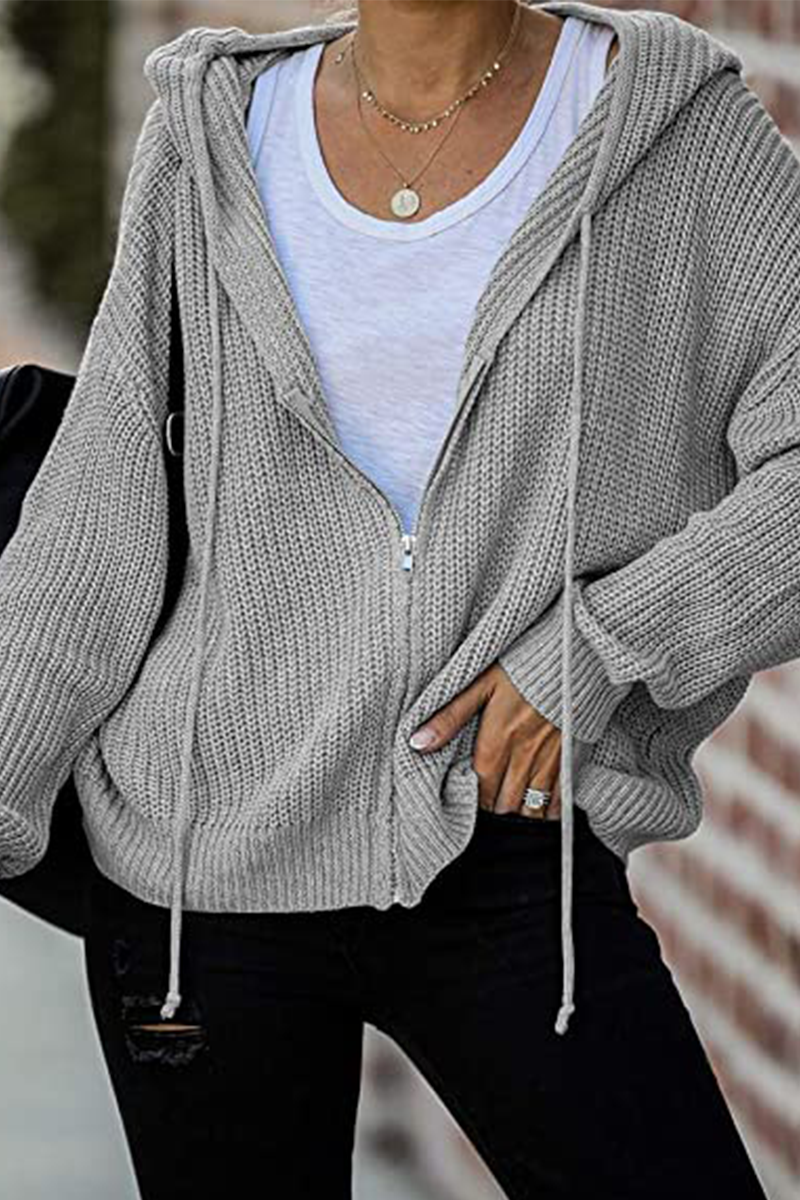 Draw String Zipper Hooded Collar Sweaters(5 Colors)