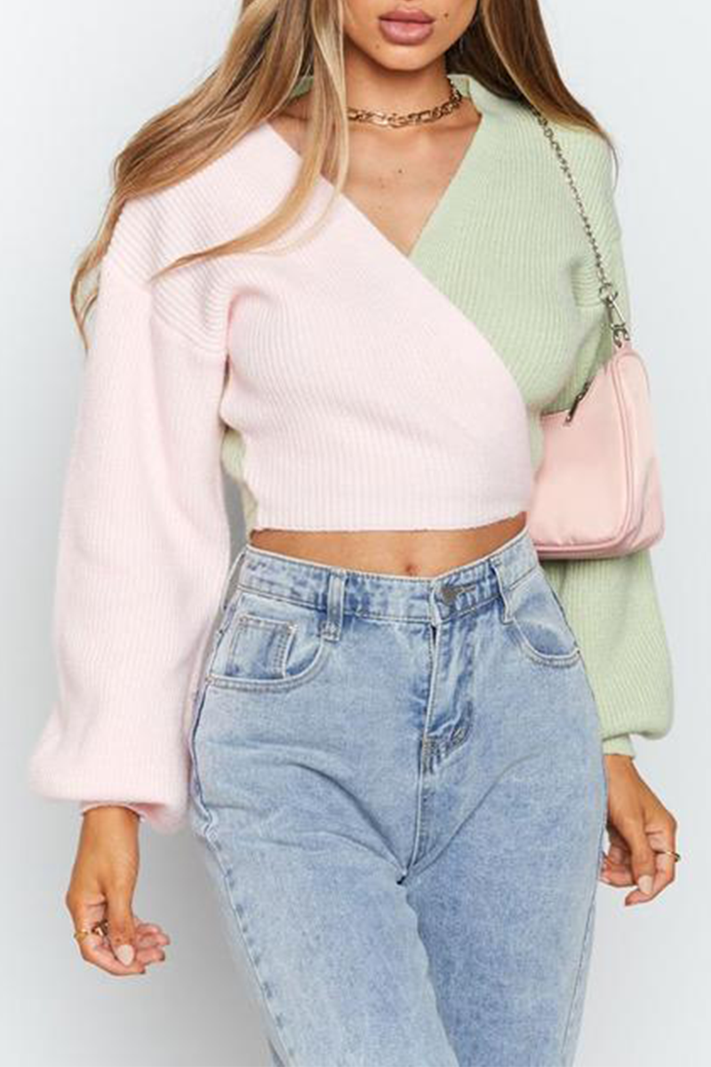 Street Patchwork Strap Design V Neck Tops Sweater