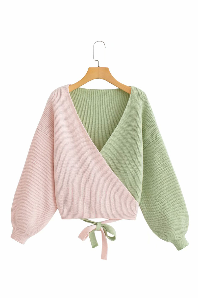 Street Patchwork Strap Design V Neck Tops Sweater