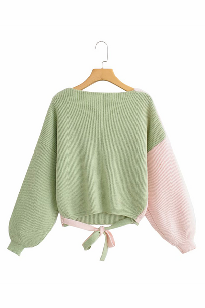 Street Patchwork Strap Design V Neck Tops Sweater