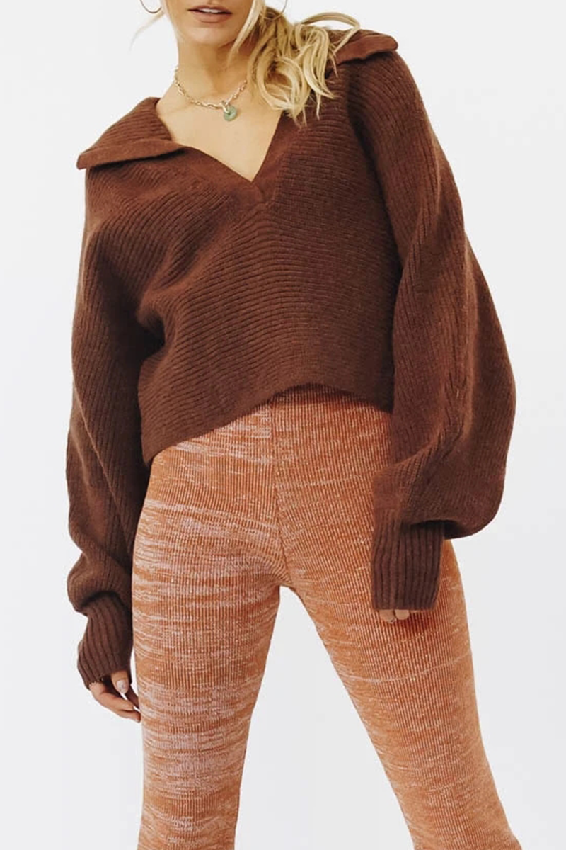 Split Joint Turndown Collar Tops Sweater